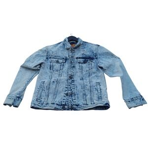 VTG Rolling Paper Distressed Acid Washed Blue Jean Jacket Y2K 90's Punk Metal Sm